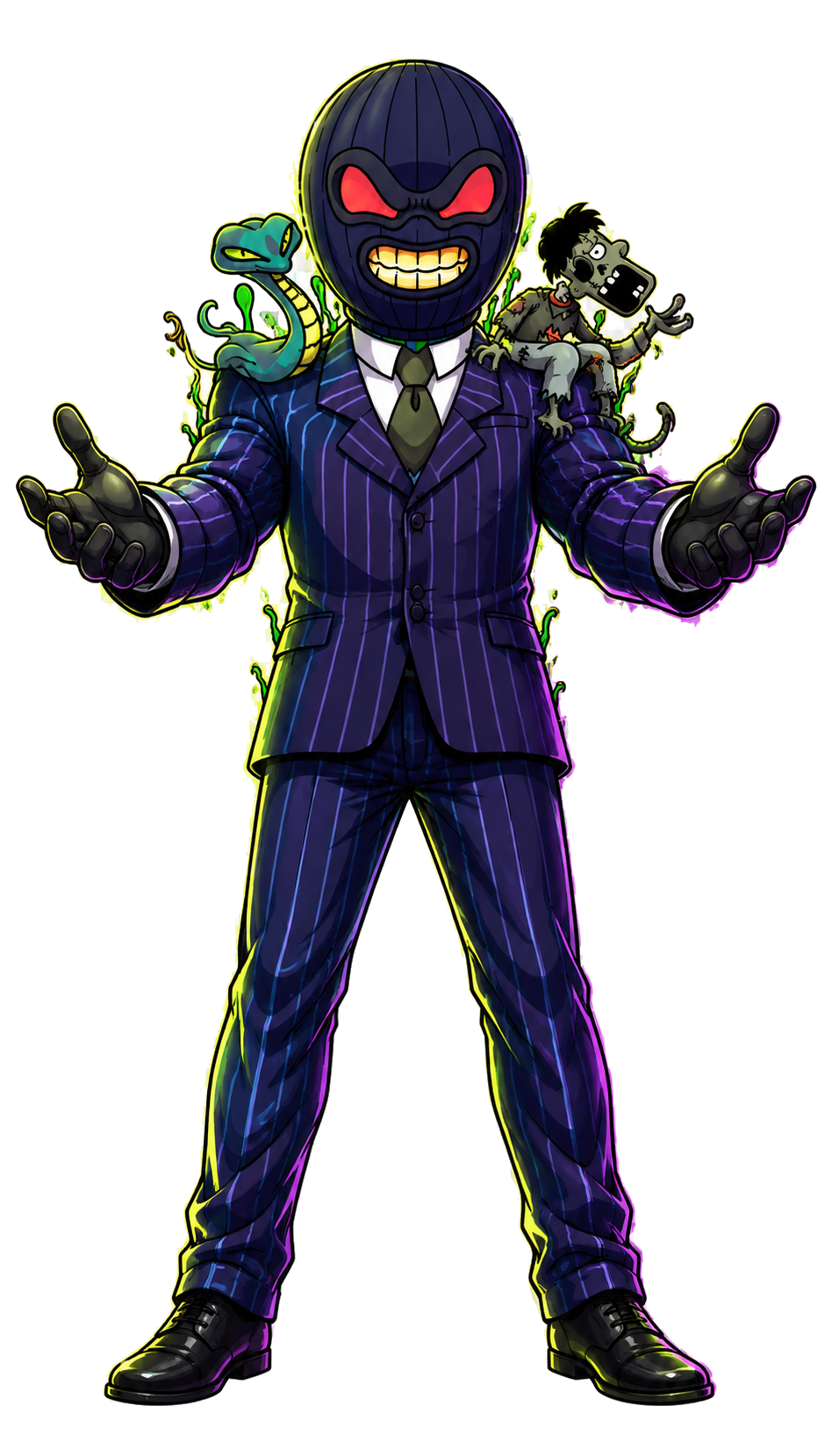 Toxic Tycoon standing commandingly in a pinstripe suit